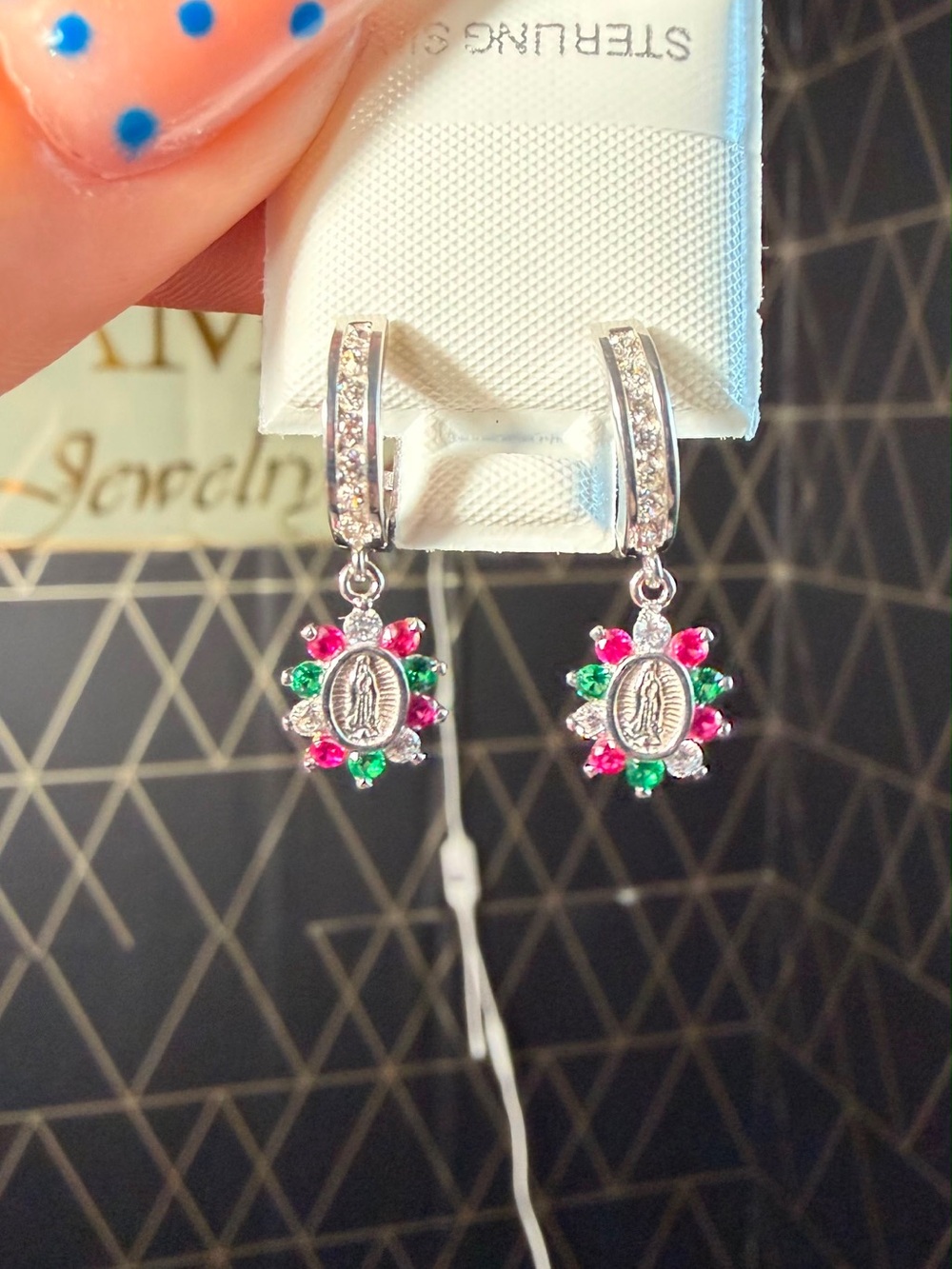 Sterling Silver Pink & Green Miraculous Medal Drop Earrings